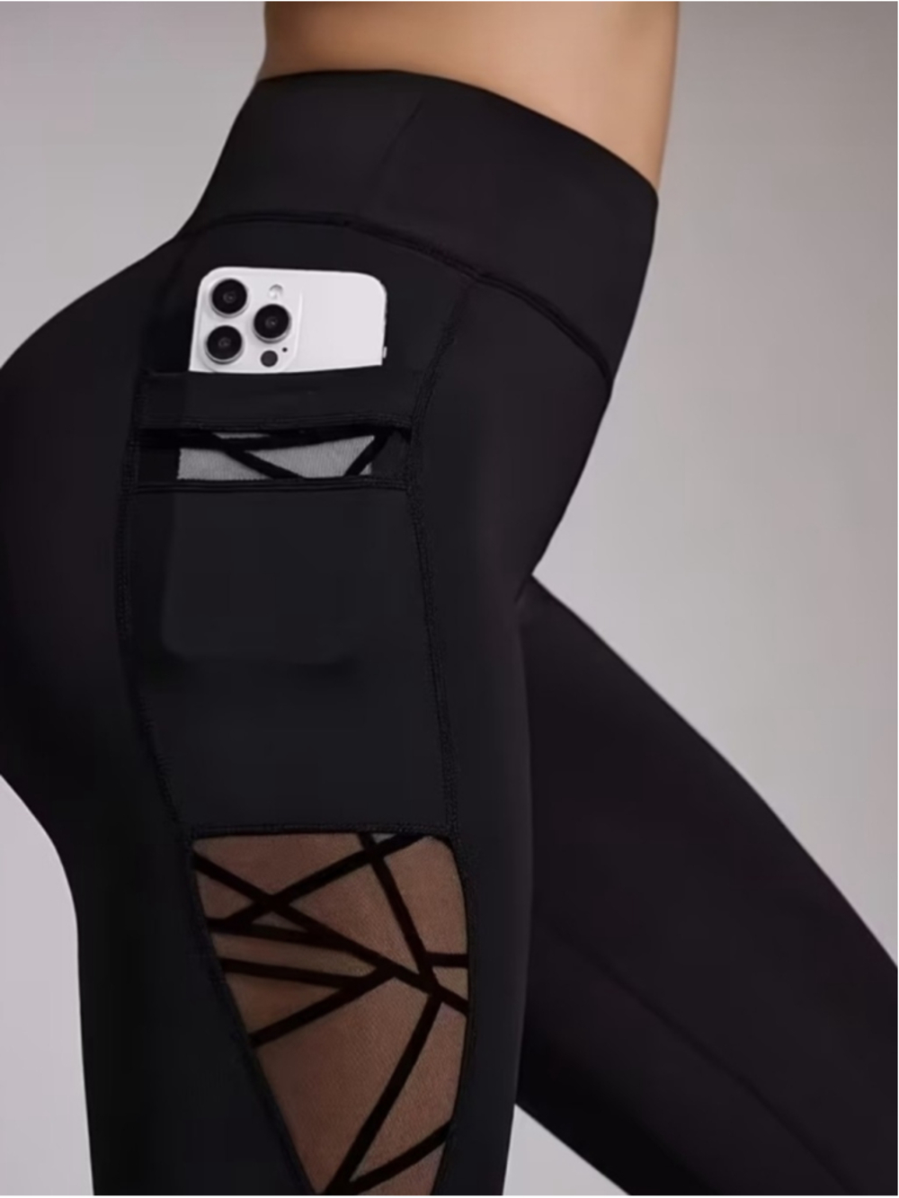 High-Waist Black Mesh Panel Leggings with Side Pocket - Picture 6 of 11